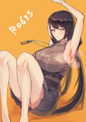  arm_up armpit_focus armpits ass black_hair blush breasts character_name commentary_request female girls&#039;_frontline heterochromia highres huge_breasts id_card lanyard legs long_hair multicolored_hair orange_background panties pleated_skirt red_eyes ro635_(girls&#039;_frontline) ro635_(mod3)_(girls&#039;_frontline) saturndxy sideways_glance sitting skirt sleeveless solo streaked_hair sweat sweater_vest underwear white_hair yellow_eyes 