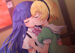  2girls black_dress black_hairband blonde_hair blurry blurry_background blush bow breasts closed_eyes collared_shirt commentary_request depth_of_field dress facing_another furude_rika hairband higurashi_no_naku_koro_ni holding_hands houjou_satoko interlocked_fingers kissing long_hair medium_breasts multiple_girls nanopai_kakumeikokonoyu parted_lips pink_bow puffy_short_sleeves puffy_sleeves purple_hair sailor_collar sailor_dress shirt short_hair short_sleeves suspenders twitter_username white_sailor_collar white_shirt yuri 