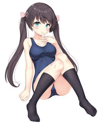  :o azur_lane bare_shoulders black_hair black_socks blue_eyes blue_one-piece_swimsuit blush bow breasts collarbone commentary_request female full_body glasgow_(azur_lane) hair_between_eyes hairbow highres kneehighs knees_together_feet_apart long_hair looking_at_viewer medium_breasts one-piece_swimsuit pink_bow school_swimsuit sidelocks simple_background sitting socks solo sweat swimsuit twintails white_background yamasan 