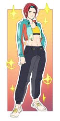  abs absurdres cropped_jacket english_commentary female flat_chest full_body han_soo-min_(hanny) hand_in_pocket hanny_(uirusu_chan) headband highres jacket looking_at_viewer midriff multicolored_clothes open_clothes open_jacket original outside_border pants pokemon pokemon_unite red_hair shoes short_hair smile sneakers solo sparkle_background sports_bra standing stomach tekken toned track_jacket track_pants yellow_sports_bra 