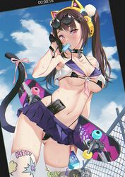  animal_ear_headphones animal_ears arm_up armpits ass_visible_through_thighs axent_wear bare_shoulders bell bikini bikini_under_clothes black_bikini black_choker black_gloves black_hair blue_skirt bracelet breasts cameltoe cat_ear_headphones cat_tail cellphone cellphone_photo choker cleavage contrapposto cowboy_shot day eyewear_on_head fake_animal_ears female fingerless_gloves food gloves halterneck headphones highleg highleg_bikini highres jewelry jingle_bell long_hair looking_at_viewer medium_breasts mhk_(mechamania) micro_bikini microskirt mouth_hold navel neckerchief original outdoors phone pink_eyes pleated_skirt popsicle revealing_clothes sailor_collar shirt skateboard skirt sleeveless sleeveless_shirt smartphone solo standing stomach string_bikini sunglasses swimsuit tail tail_raised thighhighs thighs twintails wet white_shirt white_thighhighs 