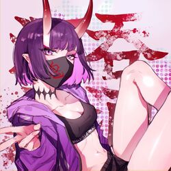  alternate_costume black_shorts black_sports_bra bob_cut breasts character_name choker collarbone commentary eyeliner fate/grand_order fate_(series) female highres hood hooded_jacket horns jacket looking_at_viewer makeup mask midriff mouth_mask navel oni open_clothes open_jacket polka_dot polka_dot_background purple_eyes purple_hair purple_jacket qiuyun62303677 short_eyebrows short_hair short_shorts shorts shuten_douji_(fate) sitting skin-covered_horns small_breasts solo sports_bra thighs v white_background 