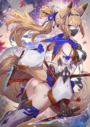  animal_ears ass bad_id bad_pixiv_id bare_shoulders blue_eyes breasts brown_hair clothes_lift dagger female fox_ears fox_girl hair_ribbon hairband japanese_clothes knife looking_at_viewer looking_to_the_side mask mouth_mask original ponytail ribbon skirt skirt_lift tajima_ryuushi thick_thighs thighhighs thighs weapon 