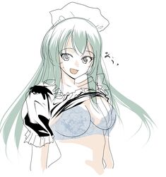  alternate_costume blue_bra blush bra breasts clothes_lift enmaided female hair_ornament hairclip highres kantai_collection large_breasts long_hair looking_at_viewer maid open_mouth shirt_lift solo suzuya_(kancolle) sweatdrop tada_(tactical_tada) underwear upper_body 