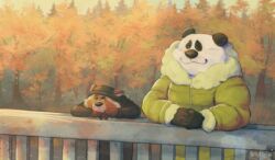  afternoon ailurid anthro autumn baufroy bear clothed clothing detailed_background duo eyes forest giant_panda guard_rail happy headgear headwear hi_res male mammal plant red_panda sad tagme tree yellow_leaves 