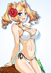  :d absurdres arm_at_side bare_arms bare_shoulders bikini blonde_hair blue_eyes breasts cleavage collarbone commentary cowboy_shot curly_hair female flower forehead hair_flower hair_ornament highres honolulu_(kancolle) honolulu_(swimsuit_mode)_(kancolle) kantai_collection large_breasts legs_together looking_at_viewer navel open_mouth sangyou_haikibutsu_a shadow shiny_skin side-tie_bikini_bottom simple_background sitting smile solo swimsuit v-shaped_eyebrows white_background white_bikini 