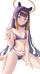  absurdres adapted_costume bikini blue_eyes blunt_bangs blush breasts cleavage commentary female gradient_hair halo highres hololive hololive_english long_hair looking_at_viewer medium_breasts mole mole_under_eye multicolored_hair navel ninomae_ina&#039;nis ninomae_ina&#039;nis_(1st_costume) orange_hair parted_lips pointy_ears purple_hair shironekokfp sidelocks solo strap_pull swimsuit tentacle tentacle_hair thighs thong_bikini very_long_hair virtual_youtuber 