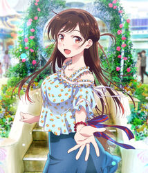  blue_skirt blurry blurry_background bracelet braid breasts brown_eyes brown_hair collarbone denim denim_skirt female floral_print frills half_updo highres hirayama_kanna jewelry kanojo_okarishimasu key_visual large_breasts long_hair looking_at_viewer mizuhara_chizuru official_art open_mouth outdoors promotional_art reaching reaching_towards_viewer ring short_sleeves skirt solo 