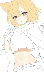  arknights bad_id bad_pixiv_id blonde_hair commentary_request crop_top female fingerless_gloves gloves groin hair_between_eyes hand_up highres looking_at_viewer midriff nagute navel oerba_yun_fang open_mouth parted_bangs red_eyes shorts simple_background solo unfinished vermeil_(arknights) white_background 