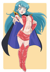  aqua_hair blue_eyes boots breasts cape commentary_request female full_body genji_tsuushin_agedama highres kuki_rei long_hair looking_at_viewer miniskirt mizu_kane navel open_mouth revealing_clothes shoulder_pads skirt smile solo thighhighs 