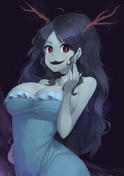  blue_skin breasts character_request cleavage dress earring female horns jewelry large_breasts long_hair lubella momodora:_reverie_under_the_moonlight navel smile 