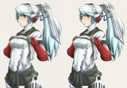  android ao_usagi blue_hair breasts clothes_lift commentary_request female grey_background headgear houndstooth joints labrys_(persona) long_hair medium_breasts miniskirt no_nipples persona persona_4:_the_ultimate_in_mayonaka_arena pixelated pleated_skirt ponytail red_eyes ringed_eyes robot_joints school_uniform serafuku shirt_lift simple_background skirt solo thumbnail_surprise 