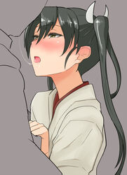  1boy after_kiss black_hair blush commentary_request faceless faceless_male female green_eyes height_difference holding_hands japanese_clothes kantai_collection long_hair looking_at_another nose_blush open_mouth saliva saliva_trail straight tongue tongue_out tsurugi_(the_horizon) twintails zuikaku_(kancolle) 