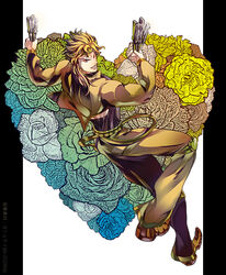  1boy bad_id bad_pixiv_id blonde_hair commentary_request cropped_jacket dio_brando floral_background flower from_above from_side full_body grin headband heart heart_background holding holding_knife jojo_no_kimyou_na_bouken knife long_sleeves male_focus pants photoshop_(medium) pillarboxed red_eyes rose smile solo stardust_crusaders tazawa_(odamura) weapon 