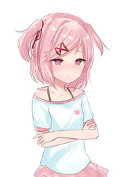  absurdres closed_mouth collarbone commentary crossed_arms doki_doki_literature_club fang_out female hair_ribbon highres natsu_(sinker8c) natsuki_(doki_doki_literature_club) oerba_yun_fang off-shoulder_shirt off_shoulder pink_hair pink_skirt purple_eyes red_ribbon ribbon shirt shirt_straps short_sleeves simple_background skirt solo symbol-only_commentary two_side_up white_background white_shirt 