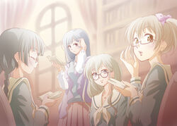  4girls adjusting_eyewear adjusting_hair bespectacled black_hair blonde_hair book closed_eyes commentary_request from_side fukuzawa_yumi glasses indoors light_smile looking_at_viewer maria-sama_ga_miteru multiple_girls ogasawara_sachiko open_book school_uniform serafuku shimazu_yoshino totsuki_touka_(orange_factory) toudou_shimako twintails window 