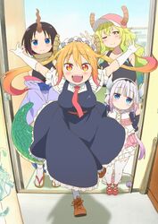  4girls :d ;) arms_up baseball_cap beads black_bow black_hairband blonde_hair blue_eyes blunt_bangs blush bow bow_hairband breasts brown_footwear brown_hair closed_mouth doorway dragon_girl dragon_horns dragon_tail elbow_gloves elma_(maidragon) fisheye floating_hair frills gloves gradient_hair hair_beads hair_ornament hairband hairbow hand_up happy hat head_tilt highres horns horns_through_headwear indoors japanese_clothes kadowaki_miku kanna_kamui key_visual kobayashi-san_chi_no_maidragon large_breasts large_tail long_hair looking_at_viewer lucoa_(maidragon) maid maid_headdress multicolored_hair multiple_girls necktie official_art one_eye_closed open_mouth outstretched_arms pink_headwear promotional_art purple_hair red_eyes red_footwear red_necktie running running_towards_viewer sandals scales shadow shoes short_hair single_horn skirt slit_pupils smile sneakers standing tail tank_top teeth textless_version thighhighs tohru_(maidragon) twintails upper_teeth_only waving white_gloves white_hair white_legwear yellow_eyes 