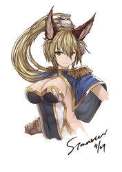  &gt;:) animal_ears artist_name bad_id bad_pixiv_id blonde_hair blue_cape breasts brown_gloves cape cleavage closed_mouth clothing_cutout covered_navel dated elbow_gloves epaulettes eyebrows female fox_ears gloves granblue_fantasy green_eyes headgear highres large_breasts long_hair looking_at_viewer ponytail side_cutout simple_background smile smirk solo stmast strapless tube_top upper_body v-shaped_eyebrows vanguard_(warship_girls_r) warship_girls_r white_background 