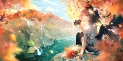  autumn black_hair camera clouds leaves orange_eyes rokusai shameimaru_aya short_hair sky touhou water waterfall wings 