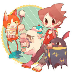  0_0 1boy amano_keita bat_(animal) blue_fire blush brown_hair cherry chiyoko_(oman1229) closed_eyes commentary_request feline fire flame-tipped_tail food fruit ghost haramaki hikikoumori ice_cream ice_cream_cone ice_cream_scoop jibanyan licking_lips multiple_tails notched_ear open_mouth purple_lips sandals short_hair single_scoop sweat tail tank_top tongue tongue_out too_many too_many_scoops two_tails whisper_(youkai_watch) youkai_(youkai_watch) youkai_watch 