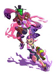  .52_gal_(splatoon) 1boy bike_shorts commentary_request female ink_tank_(splatoon) inkling inkling_boy inkling_girl inkling_player_character layered_sleeves long_hair long_sleeves looking_at_viewer mechapen monster_boy paint paint_splatter pink_hair ponytail purple_hair shoes short_over_long_sleeves short_sleeves smile sneakers splatoon_(series) splatoon_1 splattershot_(splatoon) super_soaker tentacle_hair 