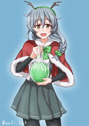  anti_(untea9) antlers arm_warmers bag ball black_pantyhose blue_background bow bowtie braid capelet commentary_request female green_hairband grey_eyes grey_hair hairband highres horns kantai_collection long_hair looking_to_the_side meme open_mouth pantyhose photoshop_(medium) plastic_bag pleated_skirt quality_cabbage_(meme) shirt sidelocks simple_background single_braid skirt smile solo suspenders wavy_hair white_shirt yamagumo_(kancolle) 