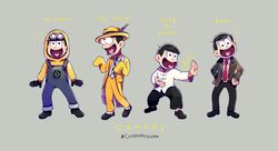  1boy bulging_eyes chinese_clothes commentary_request copyright_name cosplay eye_pop formal goggles goggles_on_head grey_background hands_on_own_hips hashtag heart heart_in_mouth hood hoodie kung_fu_hustle male_focus matsuno_jyushimatsu minion_(despicable_me) minion_(despicable_me)_(cosplay) minions_(movie) mr_bean mr_bean_(cosplay) mr_bean_(series) necktie osomatsu-kun osomatsu-san osomatsu_(series) overalls red_necktie simple_background sing_(kung_fu_hustle) sing_(kung_fu_hustle)_(cosplay) sleeves_past_wrists smile stanley_ipkiss stanley_ipkiss_(cosplay) suit tangzhuang the_mask the_mask_(character) tsuyuxxx 