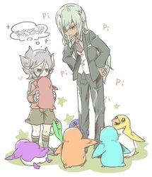  2boys age_difference aqua_hair bad_id bad_pixiv_id bird commentary_request eyepatch gloves goalkeeper hands_on_own_hips height_difference inazuma_eleven_(series) inazuma_eleven_go leaning_forward long_hair male_focus miyabino_reiichi mouth_hold multiple_boys necktie penguin sakuma_jirou soccer_uniform sparkle sportswear star_(symbol) teikoku teikoku_soccer_uniform thought_bubble ticktack_chicken very_long_hair whistle 