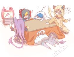  6+girls animal_ears bad_id bad_pixiv_id controller delcatty liepard meowstic meowstic_(female) multiple_girls persian_(pokemon) personification pokemon purugly red_eyes remote_control shikkoku_neko skitty sleeping sleepy tail television under_the_table weavile 