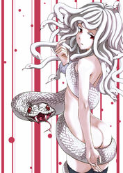  albino ass bad_id bad_pixiv_id black_thighhighs commentary_request fangs female kuchinawa kuronuko_neero long_hair looking_at_viewer looking_back md5_mismatch monogatari_(series) monster_girl nude red_eyes revision sengoku_nadeko simple_background snake snake_hair solo thighhighs white_snake white_theme 