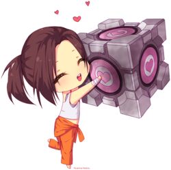  :d ^_^ aperture_science_weighted_companion_cube arms_up artist_name bandaged_arm bandages bare_shoulders barefoot blush brown_hair chell chibi closed_eyes clothes_around_waist commentary english_commentary female full_body head_tilt heart heart_print holding hyanna-natsu leg_up open_mouth orange_pants pants ponytail portal_(series) portal_2 round_teeth shirt short_hair sleeveless smile solo standing standing_on_one_leg tank_top teeth transparent_background white_shirt 