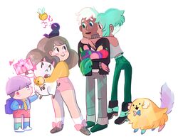  2boys 2girls :&lt; :3 :d animal animal_on_head artist_name backpack bag bee bee_(bee_and_puppycat) bee_and_puppycat bell bird bird_on_head blue_eyes blush_stickers bow bowl_cut brown_hair bug canine cardamon cass_(bee_and_puppycat) commentary_request dark_skin deckard_wizard envelope eye_contact food fruit green_eyes green_hair heterochromia hug jacket jingle_bell lolicon long_hair looking_at_another midriff multiple_boys multiple_girls natasha_allegri necktie on_head open_mouth puppycat short_hair shorts simple_background smile sparkle standing white_background white_hair |_| 