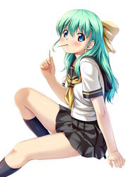  bad_id bad_pixiv_id black_socks blue_eyes blush commentary_request female food green_hair hair_ribbon highres kukuri_(ahagon) legs mouth_hold onegai_twins onodera_karen pleated_skirt pocky ribbon school_uniform serafuku sitting skirt socks solo 