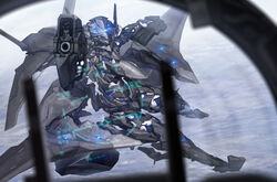  ace_combat ace_combat_x aircraft airplane armor bodysuit boots commentary_request female gloves gun headgear heads-up_display long_hair looking_at_viewer machinery mecha_musume military military_vehicle personification pov solo thighhighs tom-neko_(zamudo_akiyuki) weapon wings yr-99_forneus 