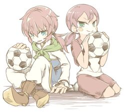  2boys aqua_eyes bad_id bad_pixiv_id ball blush_stickers character_request commentary_request green_eyes inazuma_eleven_(series) inazuma_eleven_go inazuma_eleven_go_chrono_stone kirino_ranmaru long_hair multiple_boys no_pupils open_mouth pink_hair seiza sitting smile soccer_ball soccer_uniform sportswear telstar ticktack_chicken twintails white_background 