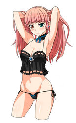  adjusting_hair armpits arms_up blue_eyes breasts bustier caee_penguin cleavage commentary_request cowboy_shot cropped_legs earrings female granado_espada heterochromia highres jewelry medium_breasts navel panties photoshop_(medium) pink_hair red_eyes side-tie_panties solo underwear 