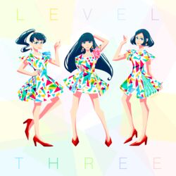  3girls album_name arm_up a~chan black_hair blue_eyes blunt_bangs closed_mouth commentary_request dress earrings eggloaf full_body hand_on_own_head high_heels highres jewelry kashiyuka level_three_(perfume) long_hair looking_at_viewer looking_to_the_side multiple_girls nocchi_(perfume) perfume_(band) ponytail red_footwear short_hair short_sleeves smile 