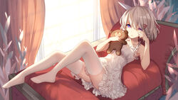  :o backlighting bison_cangshu braid chinese_commentary commentary_request curtains day dress female grey_hair hair_between_eyes hair_ornament hairclip hugging_object indoors legs lying no_shoes on_back one_eye_closed panties photoshop_(medium) purple_eyes rubbing_eyes sleeveless sleeveless_dress solo sovetsky_soyuz_(warship_girls_r) stuffed_animal stuffed_toy sunlight teddy_bear thighhighs underwear warship_girls_r white_dress white_panties white_thighhighs window 