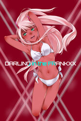  armpits bikini breasts colored_skin commentary_request darling_in_the_franxx female front-tie_bikini_top front-tie_top green_eyes highres horns jumping long_hair marine_(1894271) medium_breasts navel open_mouth pink_hair red_skin side-tie_bikini_bottom solo spoilers swimsuit white_bikini zero_two_(darling_in_the_franxx) 