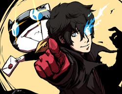  2boys absurdres amamiya_ren animal black_hair commentary english_commentary envelope feline gloves highres kloudraws looking_at_viewer male_focus mask morgana_(persona_5) multiple_boys open_mouth persona persona_5 red_eyes red_gloves smash_ball smash_invitation smile super_smash_bros. wax_seal 