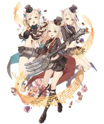  3girls :d :o animal_ears band_uniform basket blonde_hair blue_little_pig_(sinoalice) cake candy cracker cupcake food fork full_body green_little_pig_(sinoalice) guitar hat instrument ji_no kneehighs legwear_garter looking_at_viewer mary_janes midriff multiple_girls musical_note navel official_art open_mouth pig_ears plump pouch purple_eyes red_little_pig_(sinoalice) shoes siblings sinoalice sisters skinny skirt smile socks top_hat transparent_background 