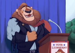  4_fingers anthro biceps big_muscles black_nose brown_eyes brown_hair clothed clothing disney electronics english_text felid fingers flexing hair lectern leodore_lionheart lion male mammal mane microphone muscular muscular_male necktie open_mouth open_smile pantherine podium smile solo spectral-bat suit teeth text torn_clothing triceps whiskers zootopia 