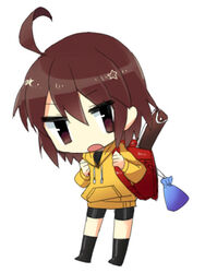  ahoge backpack bad_id bad_pixiv_id bag banned_artist bike_shorts brown_eyes brown_hair chibi hood hoodie linne lowres randoseru recorder_case sheath sheathed short_hair solo under_night_in-birth yusano 