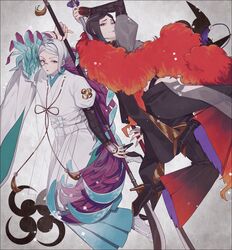  2boys black_hair boots commentary_request fingernails hakama hakama_skirt high_heel_boots high_heels highres japanese_clothes long_fingernails male_focus monocle multiple_boys naginata polearm red_eyes shizukagata_naginata skirt smile tassel tomoegata_naginata touken_ranbu weapon white_hair yamada_chickenko 