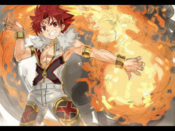  1boy appllo_(shinrabanshou) armlet bracelet fire fireball grin highres jewelry lolicon lots_of_jewelry male male_focus muscle oerba_yun_fang pants red_eyes red_hair shinrabansho shinrabanshou sleeveless sleeveless_vest smile solo tattoo teenage vest waseda_adesaw 