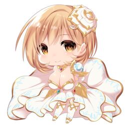  blush breasts brown_eyes chibi cleavage closed_mouth commentary_request cosplay djeeta_(granblue_fantasy) dress female flower glorybringer_(granblue_fantasy) glorybringer_(granblue_fantasy)_(cosplay) granblue_fantasy hair_between_eyes hair_flower hair_ornament highres large_breasts light_brown_hair looking_at_viewer mofuaki rose simple_background smile solo strapless strapless_dress thighhighs white_background white_dress white_flower white_rose white_thighhighs 