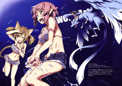  3girls absurdres animal_ears barefoot bikini bikini_skirt bikini_under_clothes black_hair breasts brown_hair cat_ears cat_girl cat_tail character_name cleavage copyright_name creature cutoffs denim denim_shorts dragon dragon_riding elf fairy feathered_dragon frilled_bikini frills highres kurashima_tomoyasu lisbeth_(sao) lisbeth_(sao-alo) long_hair medium_breasts mini_dragon mini_person minigirl multiple_girls multiple_tails navel open_fly open_mouth pina_(sao) pink_hair pointy_ears scan short_hair short_shorts shorts silica silica_(sao-alo) small_breasts striped_bikini striped_clothes swimsuit sword_art_online tail two_tails wings yui_(sao) yui_(sao-alo) 