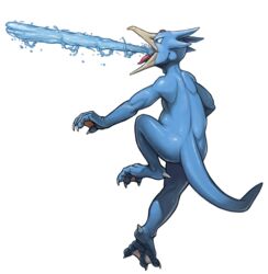  beak brown_eyes claws commentary deviantart_username english_commentary from_behind full_body golduck hydro_pump_(pokemon) jumping no_humans pokemon pokemon_(creature) pokemon_move profile signature solo tongue transparent_background twarda8 water 