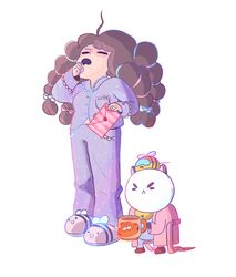  :&lt; :d ahoge animal animal_on_head artist_name bee bee_(bee_and_puppycat) bee_and_puppycat bell brown_hair bug closed_eyes commentary english_commentary envelope female full_body garfield garfield_(character) hair_ribbon jingle_bell long_hair natasha_allegri on_head open_mouth pajamas puppycat ribbon robe simple_background slippers smile standing striped_clothes striped_pajamas white_background yawning 