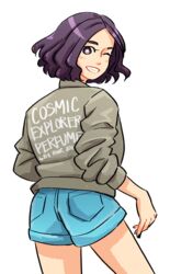  ass blue_shorts blush brown_jacket commentary_request earrings eggloaf female highres jacket jewelry long_sleeves looking_back looking_to_the_side nocchi_(perfume) one_eye_closed perfume_(band) pocket purple_eyes purple_hair short_hair shorts solo 